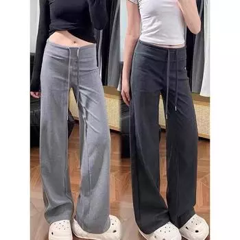 Серые спортивные брюки прямого покроя на завязках, женские весенние и осенние новые повседневные и тонкие широкие брюки с высокой талией из драпировки S