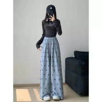 Серые спортивные широкие брюки с принтом собачьих лапок, женские, осенние, с драпировкой на бретелях, маленькие повседневные прямые длинные брюки для уборки S серый