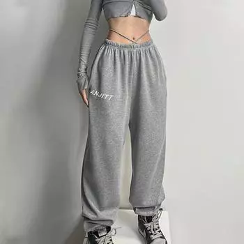 Серые спортивные штаны для бега для женщин в стиле хиппи Kpop Y2K Harajuku, уличная одежда, брюки для отдыха больших размеров, мешковатые прямые брюки с завязками M чёрный