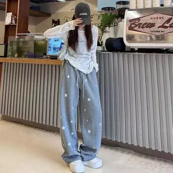 Серые спортивные штаны с принтом пятиконечной звезды женские весна и осень 2024 новые свободные прямые спортивные штаны ленивые брюки в стиле bf широкие брюки S
