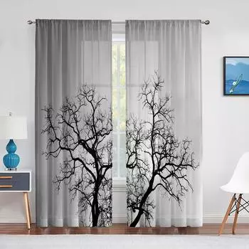 Серые тюлевые вуали с принтом ветвей деревьев для спальни, оконные занавески для гостиной, прозрачные шторы, жалюзи, шторы из органзы 1 PCS W100XH250cm&Rod Pocket