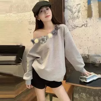 Серый 3D Цветок Толстовка с открытыми плечами для женщин Осень Новые Толстовки Сексуальные Повседневные Свободные Топы Женские Новые Нерегулярные Пуловеры S чёрный