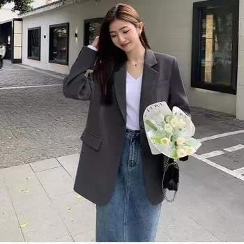Серый блейзер для женщин весна-осень новый стиль свободный повседневный костюм с разрезами S чёрный