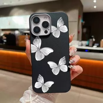 Серый чехол с принтом бабочки, противоударный, мягкий, из ТПУ, для iPhone 16 Pro Max, 15 Pro, 14, 13, 12, 11, защита линз, матовая кожа, текстура, тонкий бампер iPhone 16 чёрный