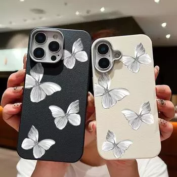 Серый чехол с рисунком бабочки из кожи и текстурой для iPhone 16 Pro Max 15 Pro 14 Plus 13 12 11 TPU мягкий противоударный матовый однотонный чехол для телефона iPhone 16 чёрный
