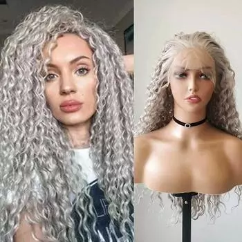 Серый Длинный Кудрявый Синтетический Парик Глубокие Завитки Волнистые Волнистые Волокна Натуральные Волосы Парики Фронта Шнурка Парики Для Ежедневного Макияжа Используйте Волосы 18inches-Lace Front-150% серый