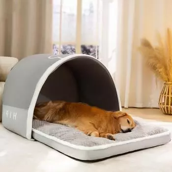 Серый глубокий спальный занавес типа кровать будка для больших собак золотистый ретривер лабрадор ветрозащитный чехол кровать для собак зимняя будка для домашних животных M (55 * 40 * 35cm )