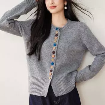 Серый круглый вырез вязаный кардиган куртка для женщин осень и зима внутренний свитер для новых топов для улицы S