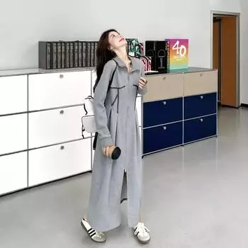 Серый ленивый стиль лацкан молния платье-толстовка для женщин осень новый дизайн повседневная длинная юбка S