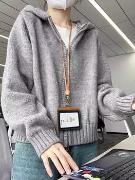 Серый модный свитер с капюшоном и двойной молнией, верхняя одежда для женщин, ранняя осень 2024 г., новый ретро-кардиган свободного кроя S серый