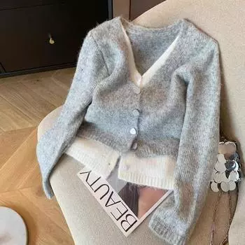Серый мягкий вощеный свитер с V-образным вырезом для женщин на осень и зиму, имитация двухкомпонентного контрастного кардигана, жакета, вязаного топа one size fits all серый