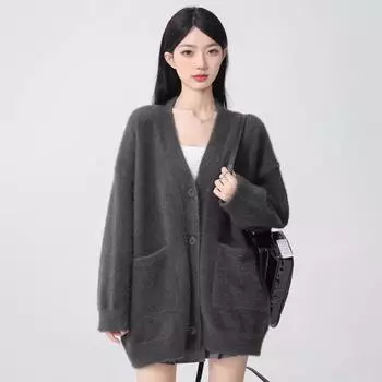 Серый осенне-зимний вязаный кардиган женский свободного кроя мягкий эластичный свитер в стиле праздного кроя куртка с V-образным вырезом пальто XL чёрный