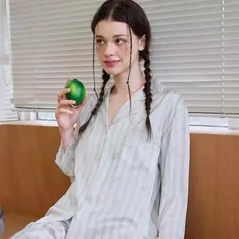 Серый полосатый пижамный комплект с принтом медведя для девочек, с длинным рукавом, из ледяного шелка, для женщин, домашняя одежда, искусственный шелк M белый