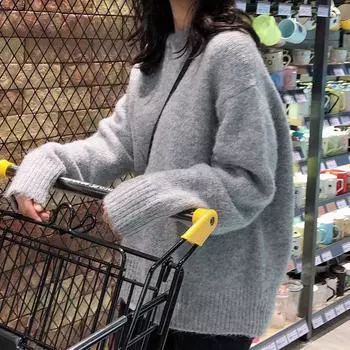 Серый пуловер в стиле ретро, женский осенне-зимний свитер с круглым вырезом и длинными рукавами, свободный мягкий и клейкий вязаный пуловер, женский свитер One Size серый