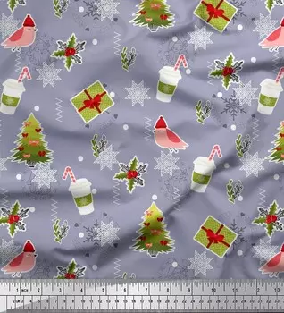 Серый японский креп-сатин Soimoi, кофейная чашка, подарочная коробка и елка, рождественский декор, ткань с принтом, 42 дюйма 42 Inch Wide - Poly Crepe серый