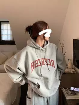 Серый ретро-свитшот с капюшоном и бархатом для женщин, осень и зима, новый свободный топ с капюшоном M светло-серый