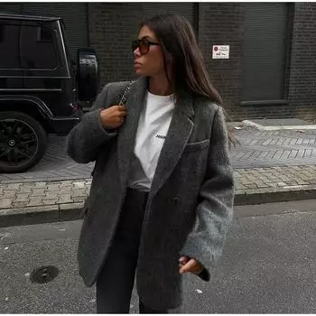 Однотонный женский пиджак с лацканами и длинным рукавом, свободный блейзер, женское пальто, повседневное, весеннее, модное, элегантное, офисное, женское пальто 2025 года S серый