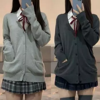 Серый свитер для колледжа, верхняя одежда, кардиган, униформа JK, осень-зима, японский однотонный, с V-образным вырезом, карманом на пуговицах, свободный, тонкий, с длинными рукавами, трикотаж XS темно серый