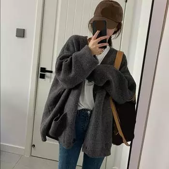 Серый свитер кардиган женский дизайн Sense Niche маленький осенний ленивый стиль V-образный вырез вязаное мягкое вощеное пальто удобная женская одежда one size кофейный