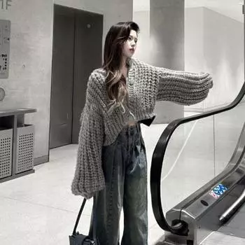 Серый свитер с v-образным вырезом и длинными рукавами, женский кардиган, весна 2023, вязаный свитер с напуском и v-образным вырезом, длинный рукав, женский топ One Size серый