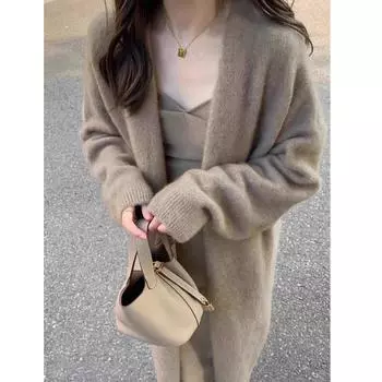 Серый свитер средней и длинной длины выше колена, женская куртка для весны, осени и зимы, утолщенный универсальный вязаный свитер, кардиган, пальто, защищающий от ветра one size fits all темно-серого