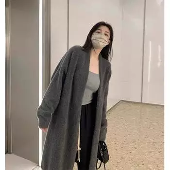 Серый свитер средней и длинной длины выше колена, женская одежда, осень и зима, ленивый ветер, утолщенный, универсальный вязаный свитер, кардиган, пальто one size fits all темно-серого