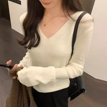 Серый тонкий свитер с V-образным вырезом и длинными рукавами для женщин, осень-зима, новый стиль, правое плечо, мягкий вощеный теплый низ S