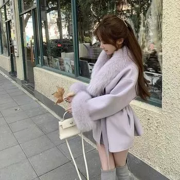 Серый V-образный вырез новый иностранный стиль 2024 имитация шерстяного пальто женское имитация лисьего меха модное толстое пальто-накидка S [about 85-50 kg]