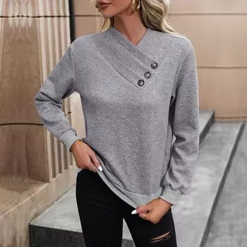 Серый V-образный вырез толстовка женская повседневная с капюшоном длинный рукав жаккардовый однотонный пуловер рубашка простая повседневная свободная осень S светло-серый