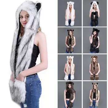 Серый волк искусственный мех уши животных шапка перчатки варежки длинный шарф снуд капюшон лапы White Black