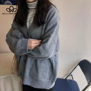 Серый вязаный кардиган, куртка с V-образным вырезом, женский свободный шерстяной свитер средней длины, шаль, верхняя одежда, женский высококачественный свитер one size зелёный