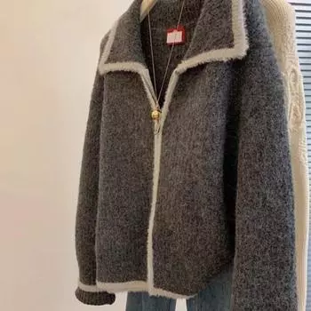 Серый вязаный кардиган на молнии для женщин с короткими лацканами, контрастный цвет, женский свитер, осенний повседневный простой универсальный топ S