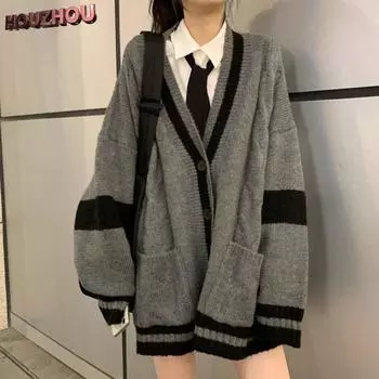 Серый вязаный кардиган, осенне-зимняя универсальная новая уличная одежда, трендовая свободная куртка-свитер в корейском студенческом стиле S серый