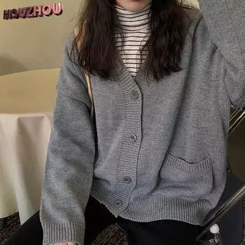 Серый вязаный кардиган. Осенний тренд. Свободное шерстяное пальто средней длины с v-образным вырезом. Повседневное однотонное пальто с карманами на пуговицах и длинными рукавами. S серый