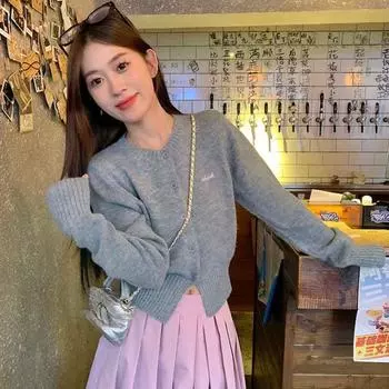 Серый вязаный кардиган с буквами для женщин, весна и осень, новый короткий топ во французском стиле ретро One Size серый