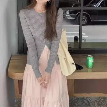 Серый вязаный кардиган, женский, осень и зима, винтажный, с вышивкой в виде жареных переплетений в стиле колледжа, толстый свитер, пальто S бежевый