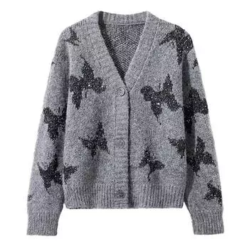 Серый вязаный кардиган женский осенне-зимний свободный свитер куртка новый стиль Royal Sister Cold Top S