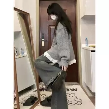 Серый вязаный свитер-верхняя одежда свободного кроя на весну и осень Grey Sweater S [Suggested 37.50 kg-45.00 kg]]