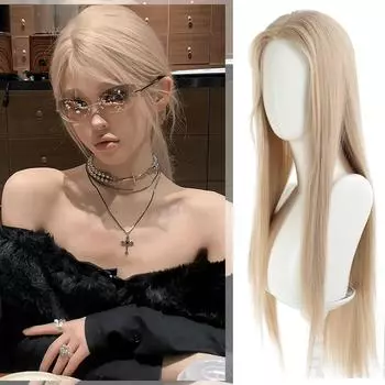 Серый Золотой Длинный Прямой Парик Из Синтетических Волос Женский Лоб Кружева Изысканный Дочерний Темперамент Длинный Прямой Ежедневный Парик 73cm