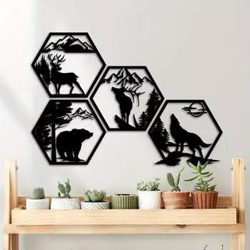 Set Decorative Frames Elk Deer Wolf Bear Hexagonal Metal Wall Sculpture Leaked, Rustic Forest Decor Wilderness Decoration