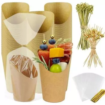 Набор одноразовых стаканчиков для колбасных изделий с бамбуковыми шпажками для коктейлей, прозрачный подарочный пакет с завязками, держатель для картофеля фри на 14 унций, закуска