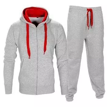Set Mens Tracksuit Fleece Zip Hoodie Topsbottoms Joggers Gym Jogging Contrast Light Gray Red,3XL