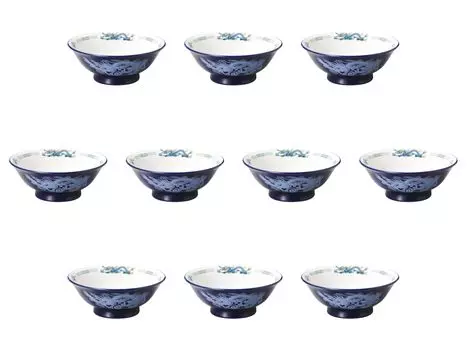 Set of 10 Blue White Dragon Bowls with a High Base x 8cm Ramen Bowls by Setomonohonpo 6.5 [20.3 (1100cc)]