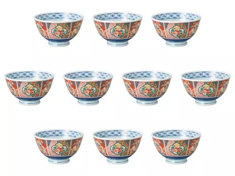 Set of 10 Nishiki Karakusa Wooden Rice Bowls with Lightweight Tea Bowls x Arita Ware Rice Bowls by Setomonohonpo [11.5 6.5cm]