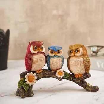Set of 1 Owl Family Resin Figurine Sitting On Tree Branch Showpiece Statue for Table Top, Living Room, Bedroom, Office/Home Dcoration, Colour Multi