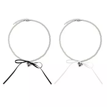 Set of 2 Elegant Necklace Ribbon Bowknot Heart Pendant Neckchain Pearls Beaded Collar Chain for Women Stylish Ornament