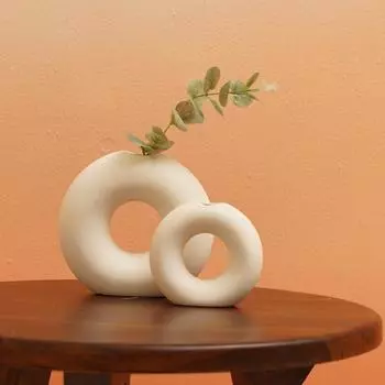 (Set of 2) White Ceramic Ring Donut Vase | Decorative Donut Ring Vase for Dried Flowers and Pampas Grass | Vases for Home Decor, Living Room