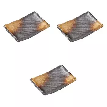 Set of 3 Black Bizen Gold Artisan Long Square Skewer Plates x x Square Setomonohonpo Tea-Blown [17.5 12.5 2.5cm] Plates, Ceramic,