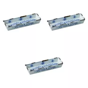 Set of 3 Blue and White Octopus Arabesque Rectangular Appetizer Plates x 7 x Protruding Arita Setomonohonpo Cut-Out 7-inch [21.5 3.5 cm] Plates,