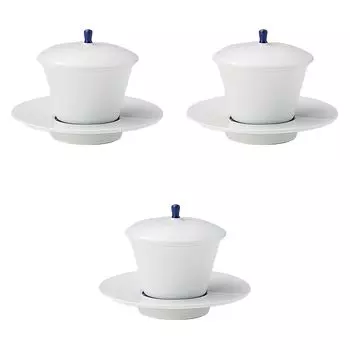 Set of 3 Dessert Cups with Saucers x Reinforced Porcelain Simmered Food Bowls by Setomonohonpo Blue-Wrapped [12 9.3cm (90cc)]